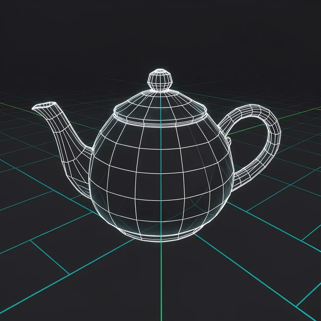 A wireframe teapot on a reference grid — the classic 3D benchmark form in glowin