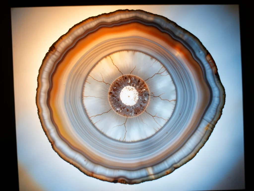 Agate slice backlit, translucent bands of orange-white-grey glowing from behind,