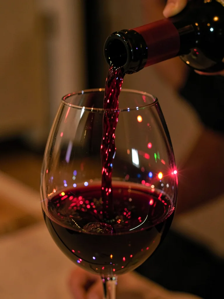 Red wine being poured into a crystal glass, lit so the wine glows like liquid ru