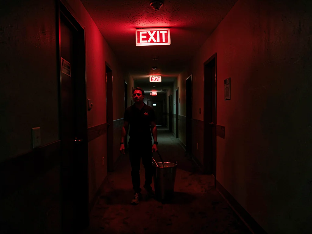 Insomniac in hotel hallway 4am, EXIT sign the only light, ice bucket pilgrimage