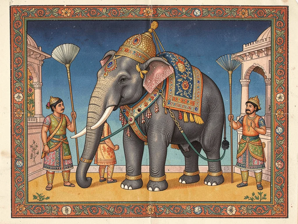 Royal elephant in ceremonial harness, attendants with fly-whisks on either side