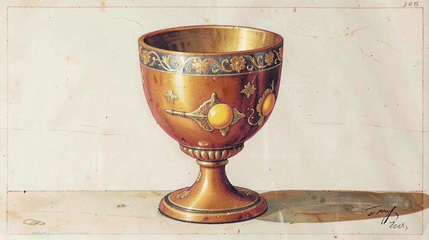 Egg tempera illustration, chalice of wine with bread , yolk-bound pigment, gold 