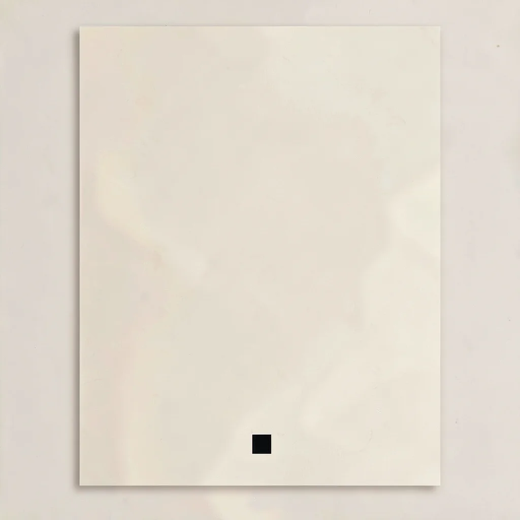 Minimal vertical layout on warm cream with a single small black square anchored 