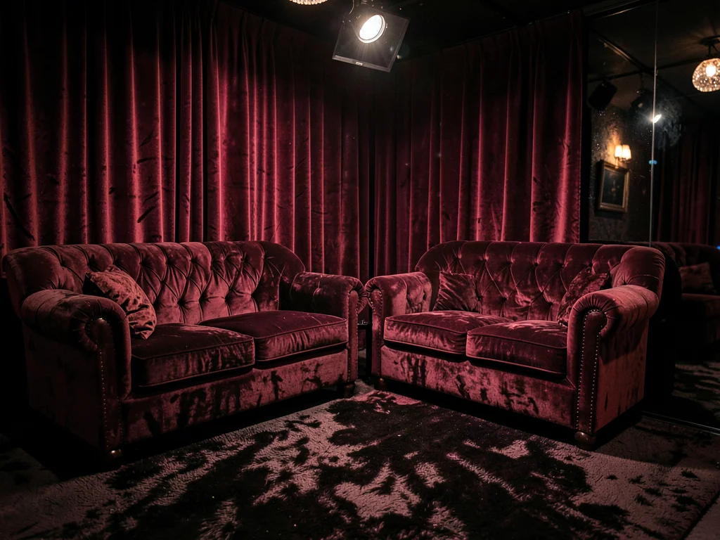 Velvet underground club interior, dim lights on plush surfaces