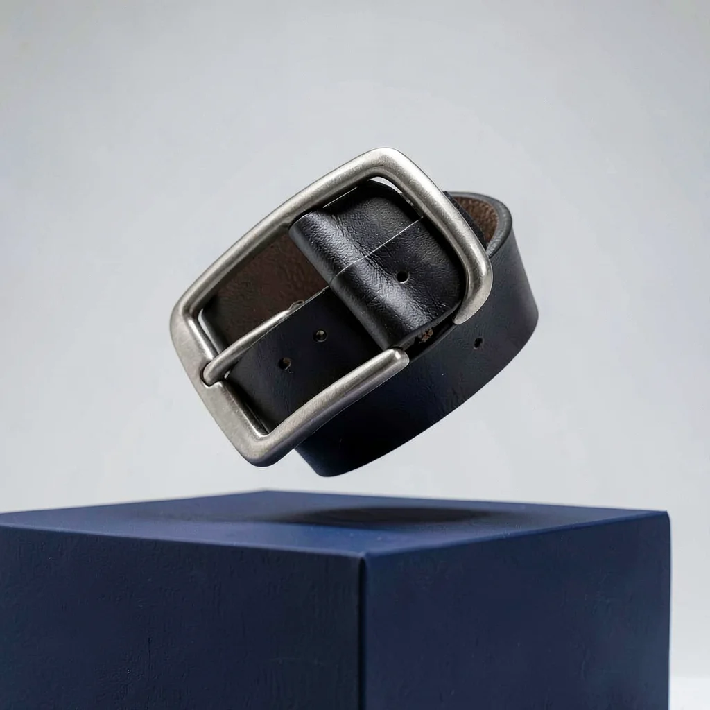 Catalog hero of a belt buckle close-up floating above a deep navy block, gentle 