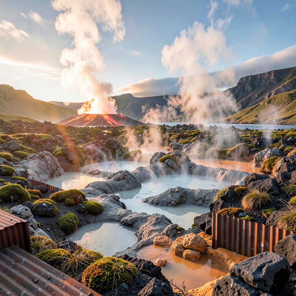 Volcanic otherworldly light in Iceland, bubbling mud pools in a geothermal area,