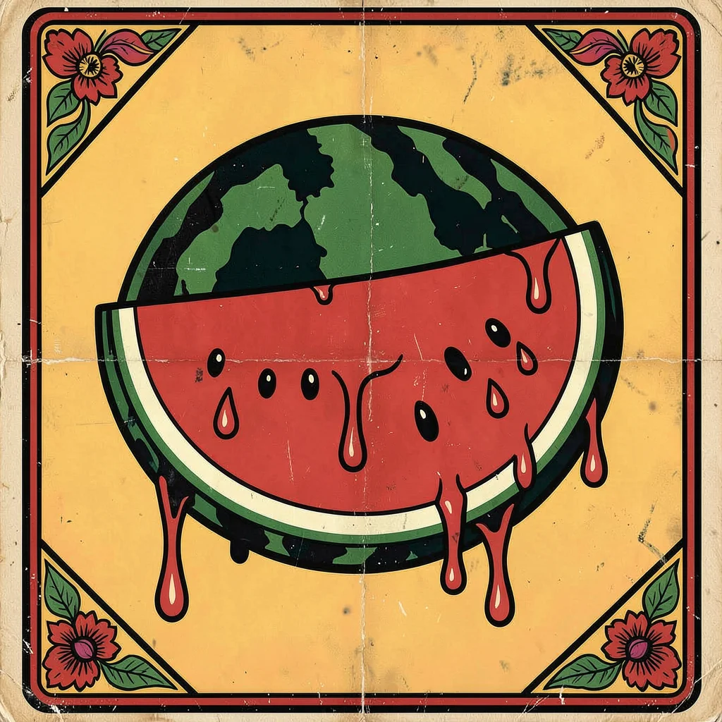 Mexican lotería card illustration, a watermelon slice dripping with juice , bold