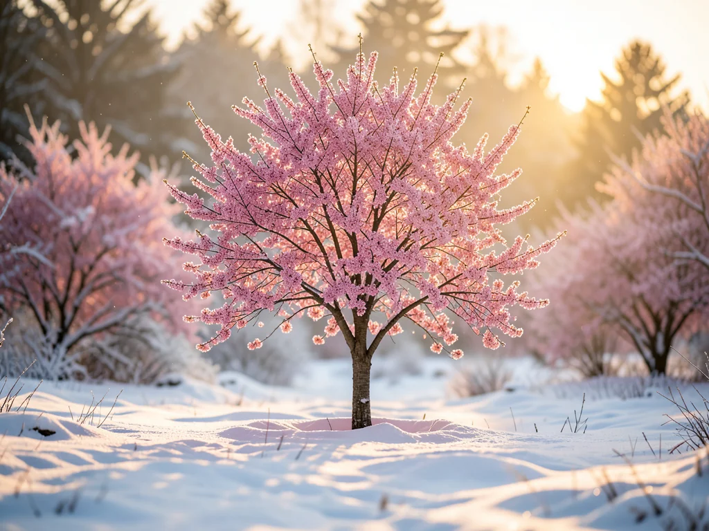 Spring cherry blossoms blooming in dead of winter, snow-covered landscape, singl