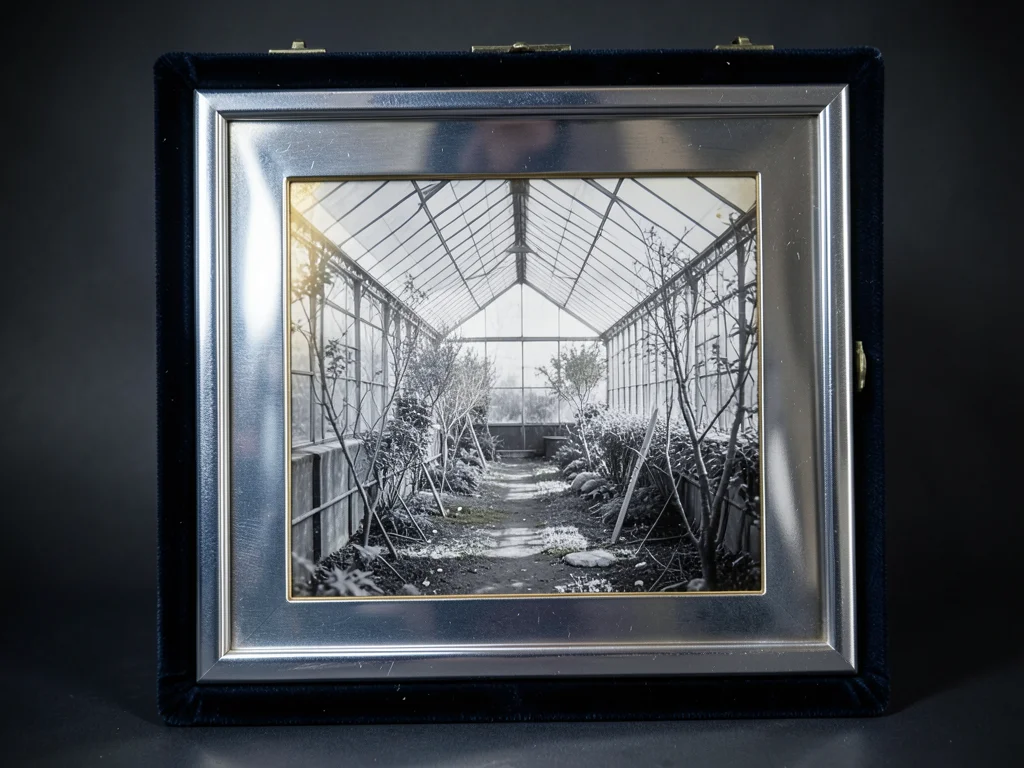 Daguerreotype-style image of spring greenhouse interior, silver and shadow