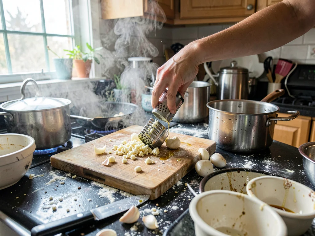 Garlic press mid-squeeze with extruded garlic