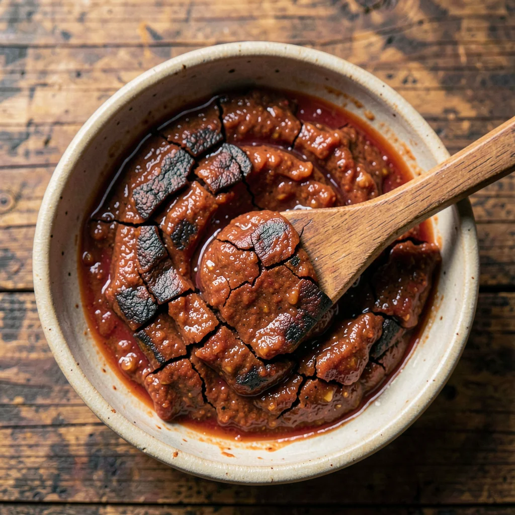 Gochujang — Oxidized Crust Cracking to Brick-Red Paste