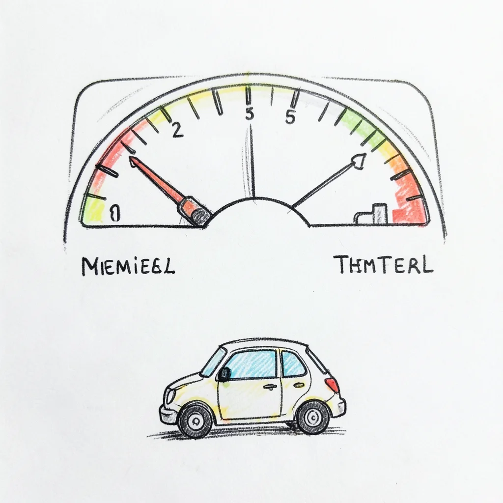 A doodle dashboard: speedometer, fuel gauge, temperature, with a tiny car at the