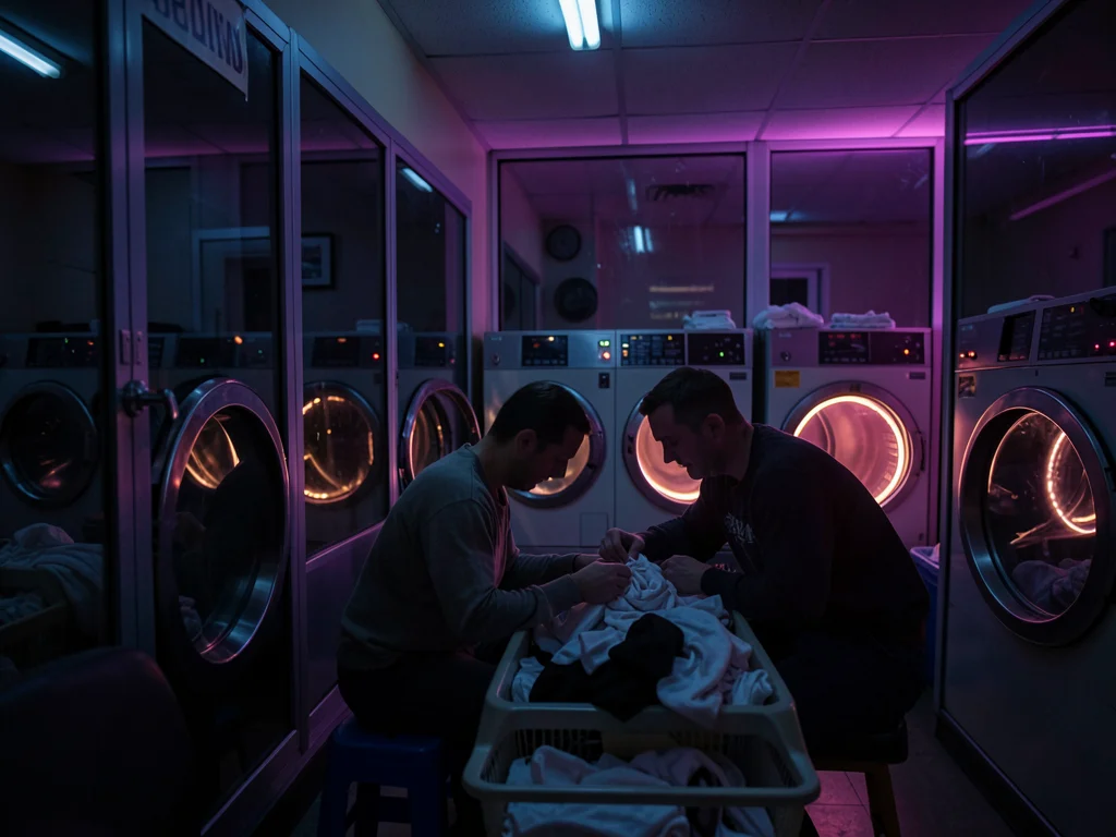 Someone folding laundry at midnight in a neon-lit laundromat, the dryers spinnin