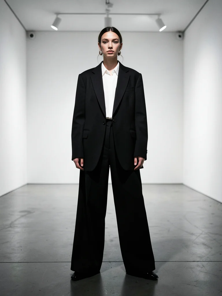 Model in oversized blazer and wide-leg trousers, standing in an empty white gall