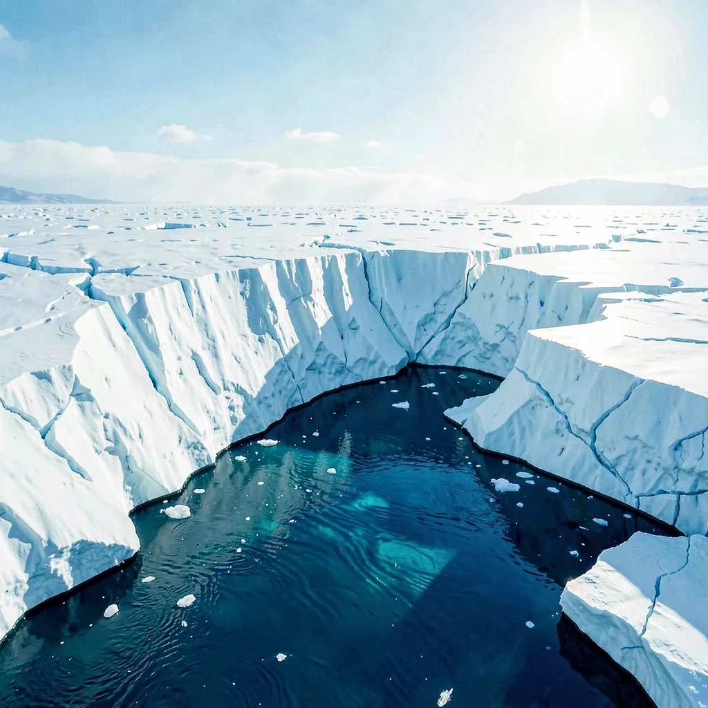 A fresh calving scar exposes raw white ice against weathered surface blue, the c