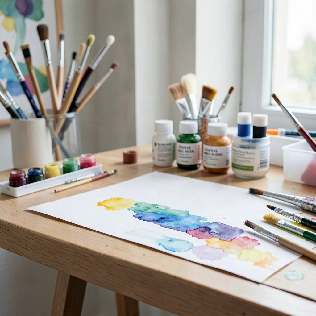 Papercraft scene of a paper-cut studio with layered watercolor supplies on a pap