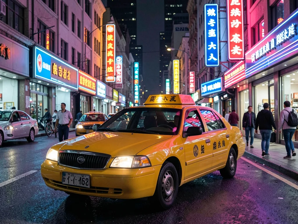 Taxi in neon district