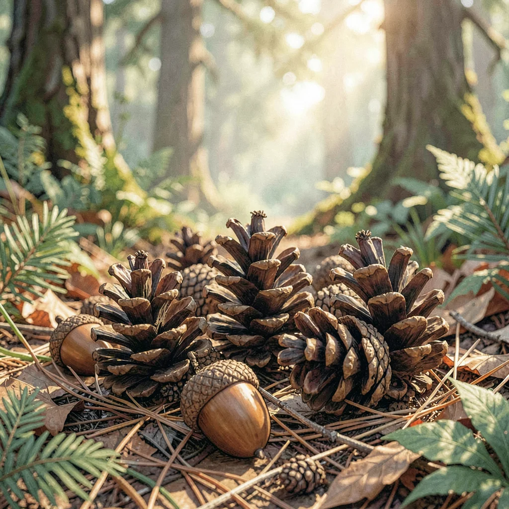 naturalist illustration of pinecones and acorns on a forest floor