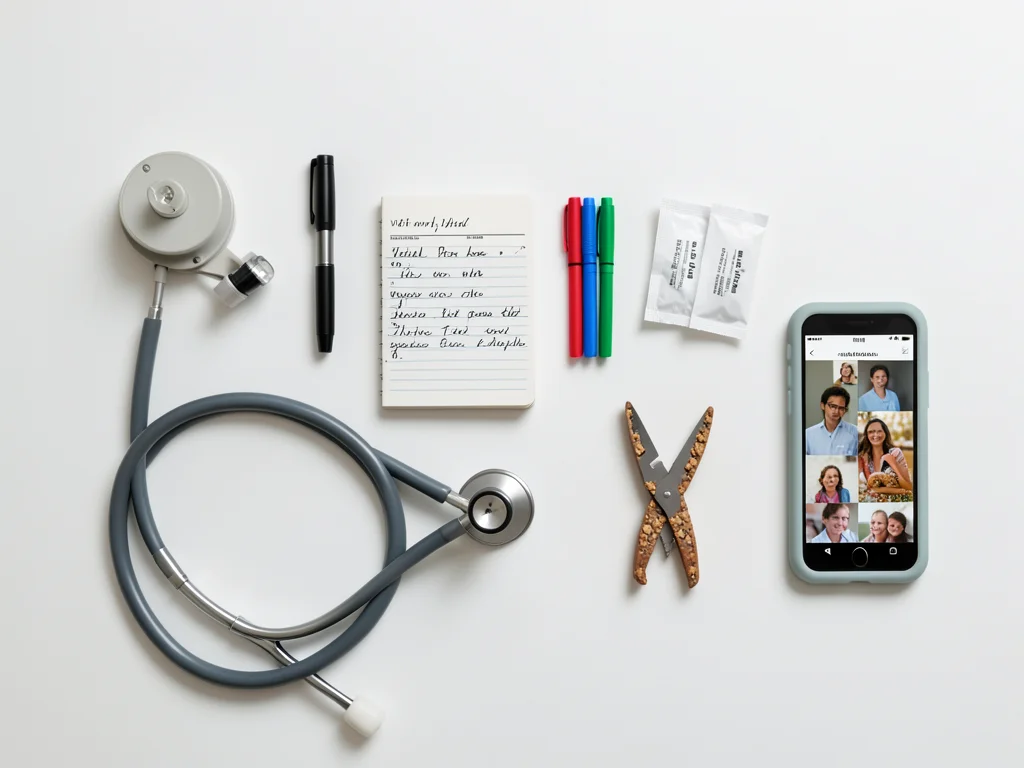 Everything a nurse carries during a 12-hour shift laid out on hospital-grade whi