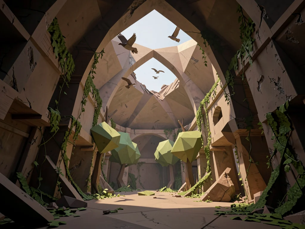 Triangular cathedral ruin with collapsed apse opening to the sky, polygonal tree