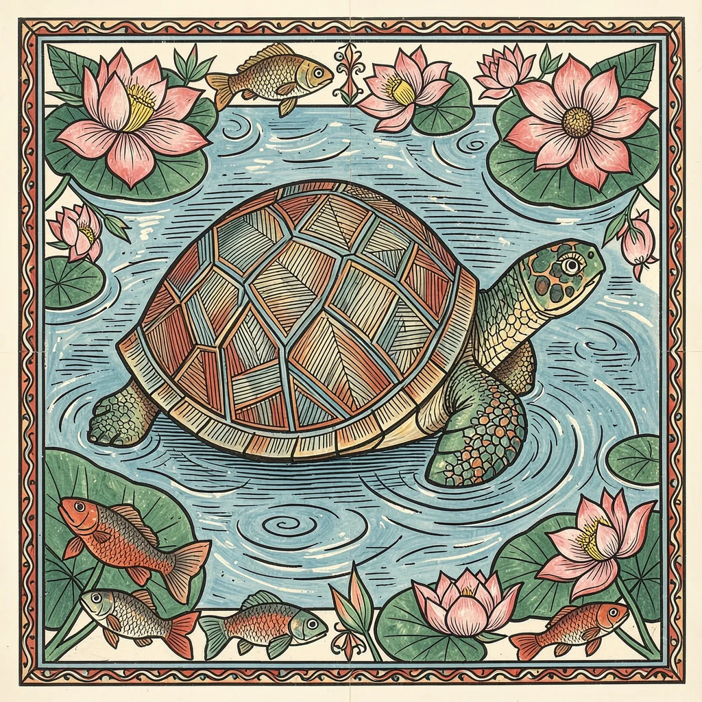 A turtle moving through water lilies — shell pattern filled with geometric hatch