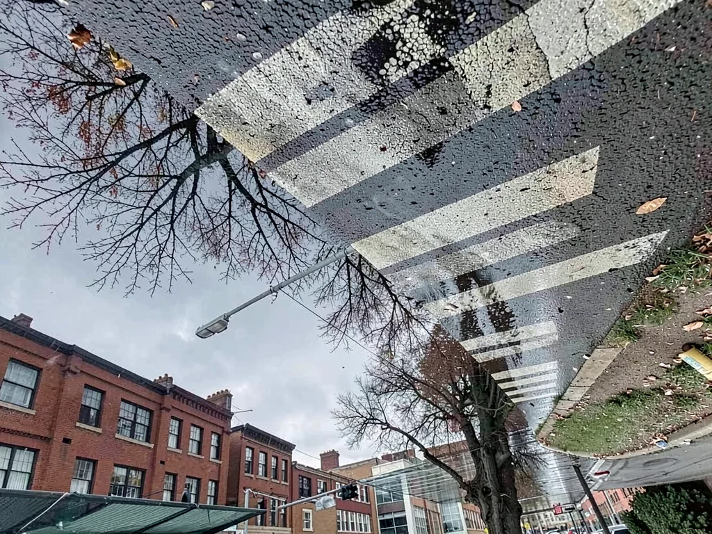 Crosswalk reflected in wet intersection
