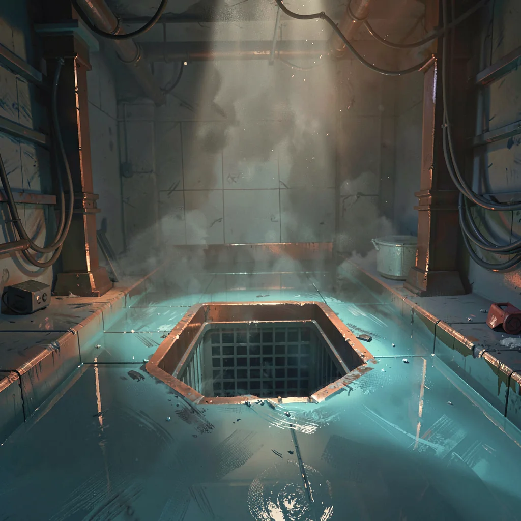 Submerged-floor industrial basement with a single cellar-grate shaft, warm coppe