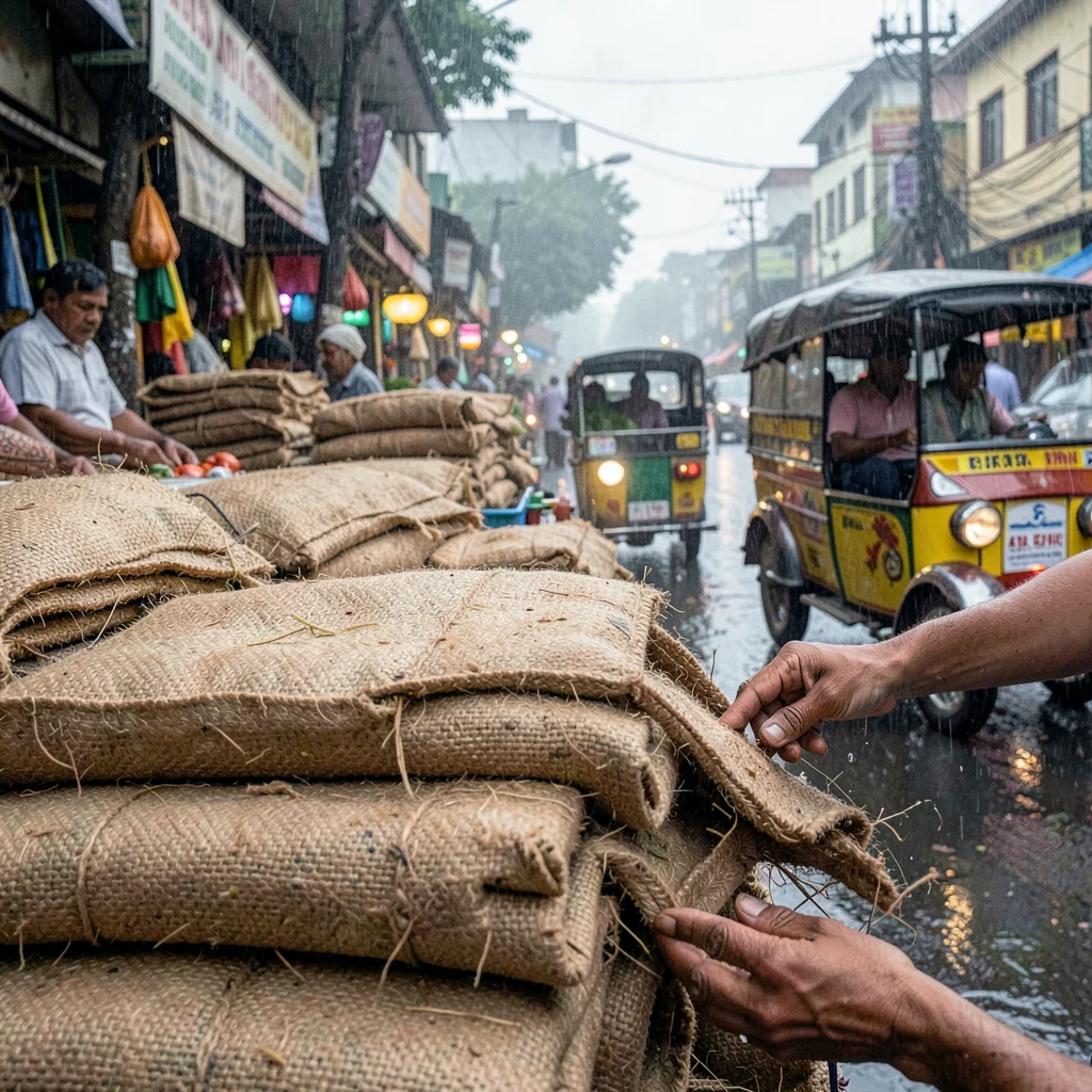 Kinetic density of Dhaka, Bangladesh, Stack of folded jute sacks in market, roug
