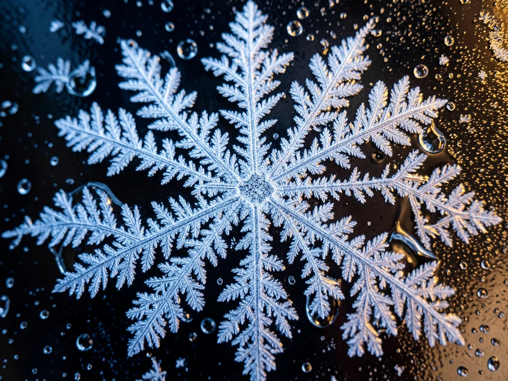 Melting frost, crystals dissolving at edges creating lace-like pattern of remain