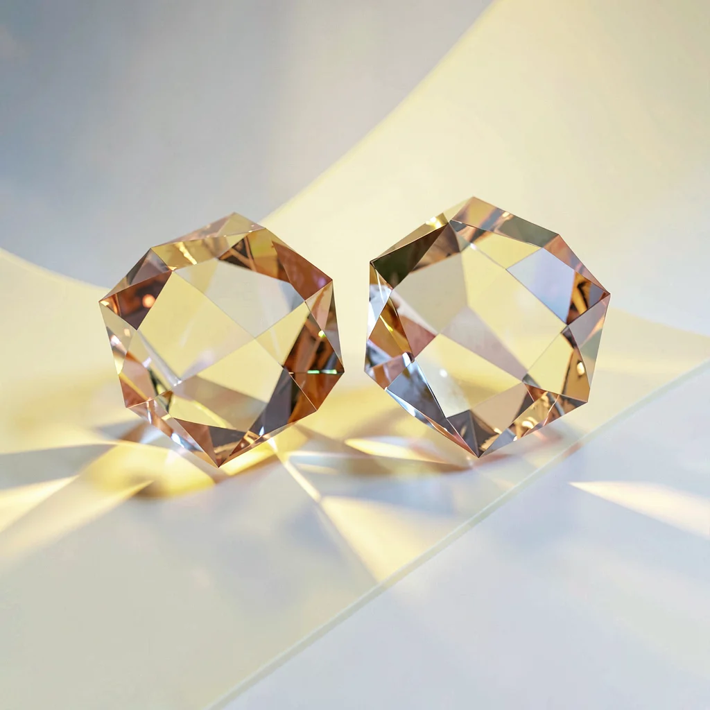 Pair of citrine lowpoly dice resting on flat faces with sharply faceted edges dr