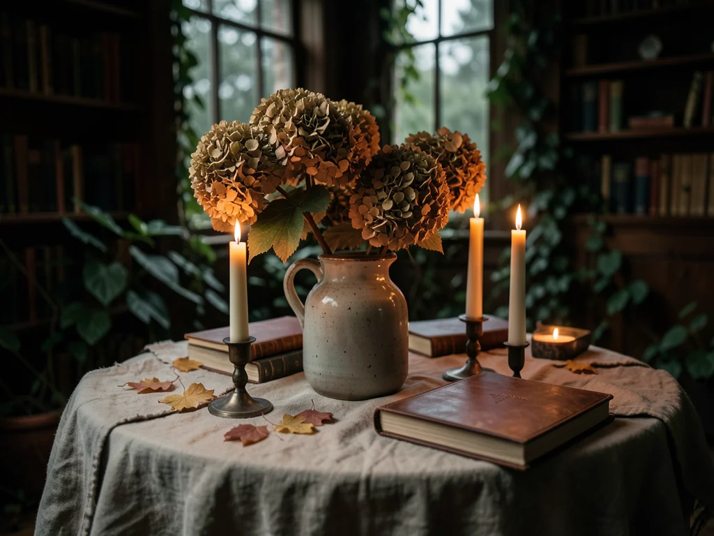 An autumn table setting: linen cloth, dried hydrangeas in a ceramic jug, taper c