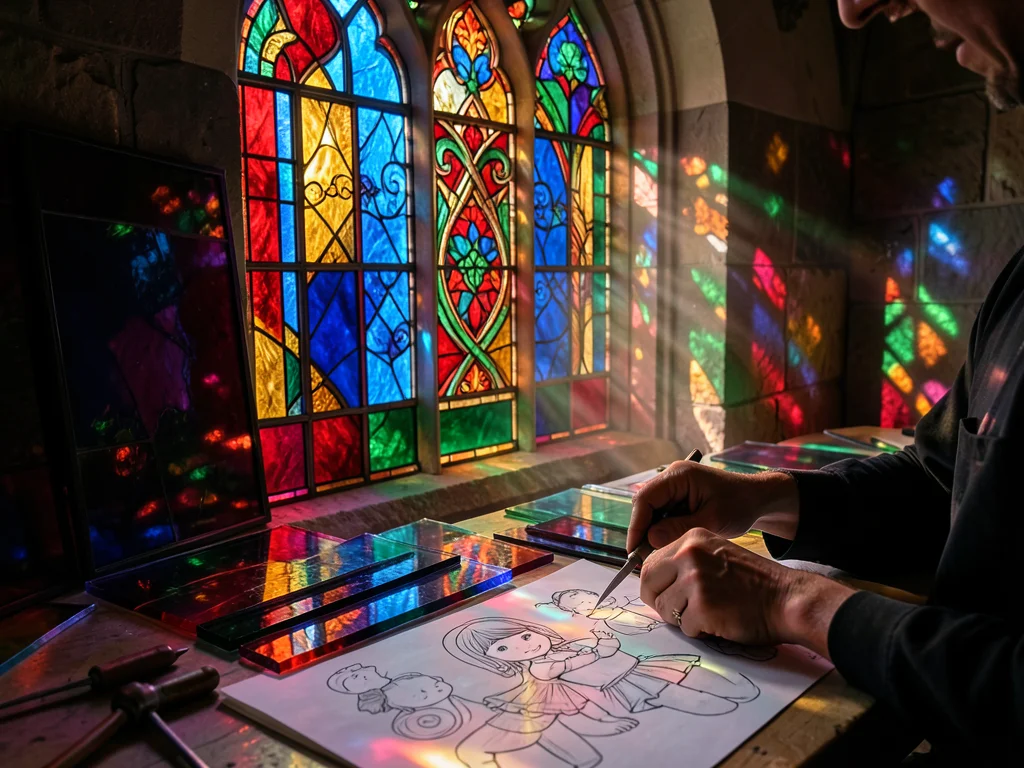A stained glass workshop: sheets of colored glass, a soldering iron, cartoon dra