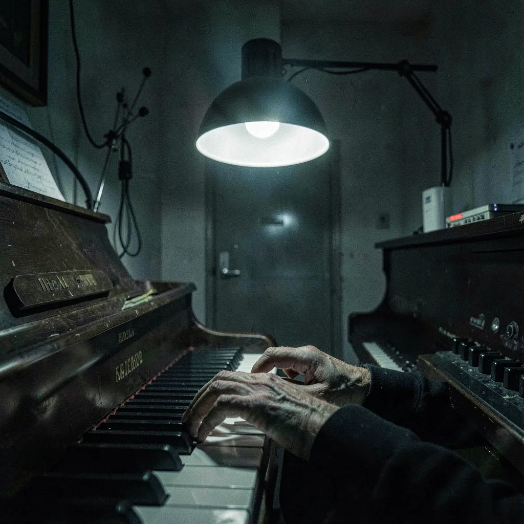 Late-night detail of a piano keyboard glowing under a single hooded lamp, hands 