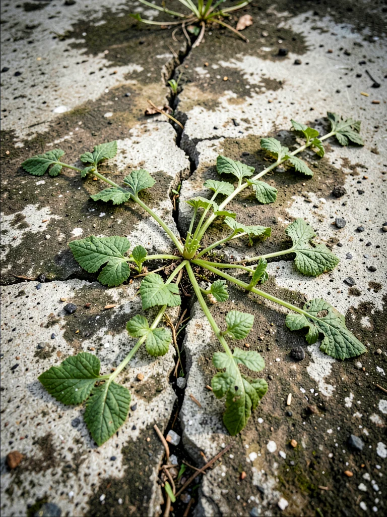 Weeds growing from crack in concrete rendered gloriously
