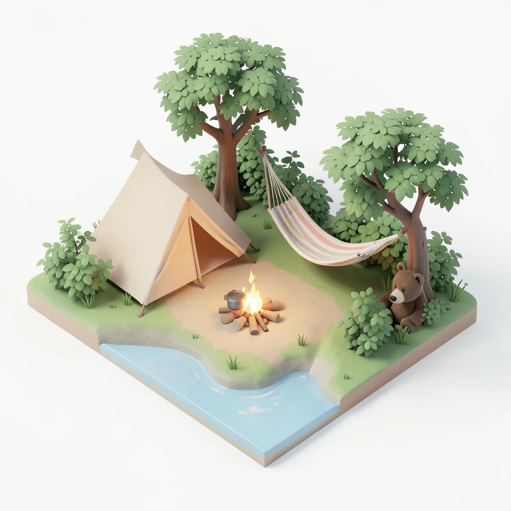 A camping scene: tent, campfire with cooking pot, kayak by a stream, hammock bet