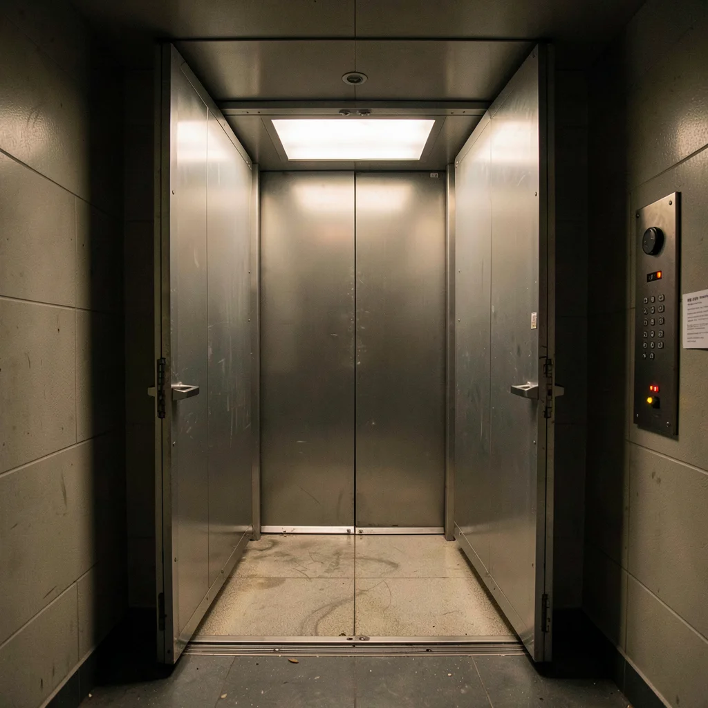 Empty elevator shaft viewed from inside through open doors