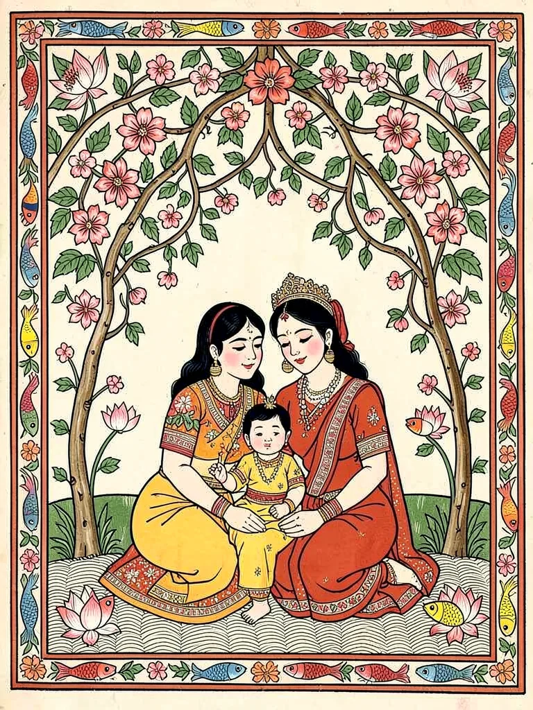 Mother and child — seated together beneath a canopy of vines and blossoms