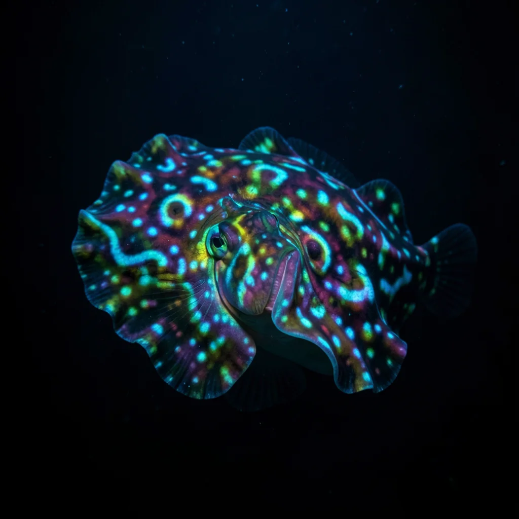 Cuttlefish displaying hypnotic color patterns, iridescent skin, dark background