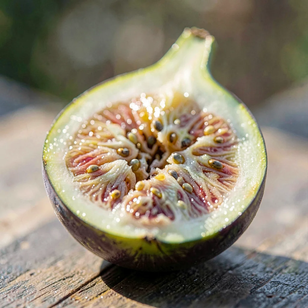 Macro of a single fresh fig sliced open, sidelight catching the seeds
