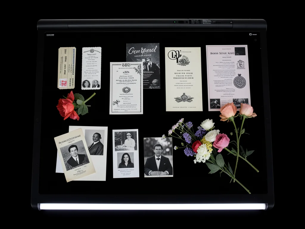 Flatbed scan of graduation memorabilia, ticket stubs, programs, photos, flowers