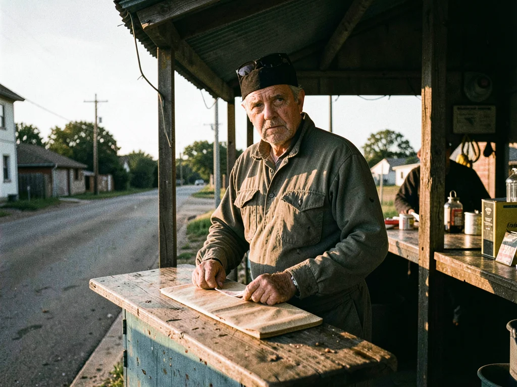 Roadside produce stand in late afternoon — seller behind the table, no customers