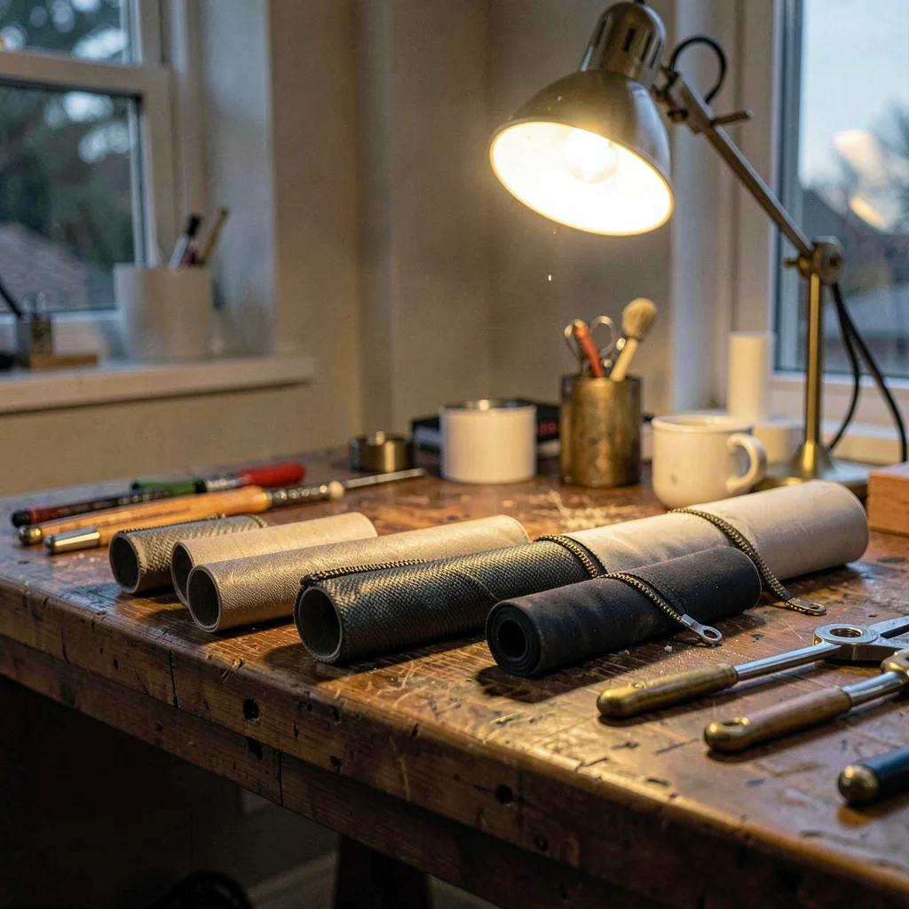 Cozy workbench at dusk with a row of zipper rolls and brass tools, lamp glow