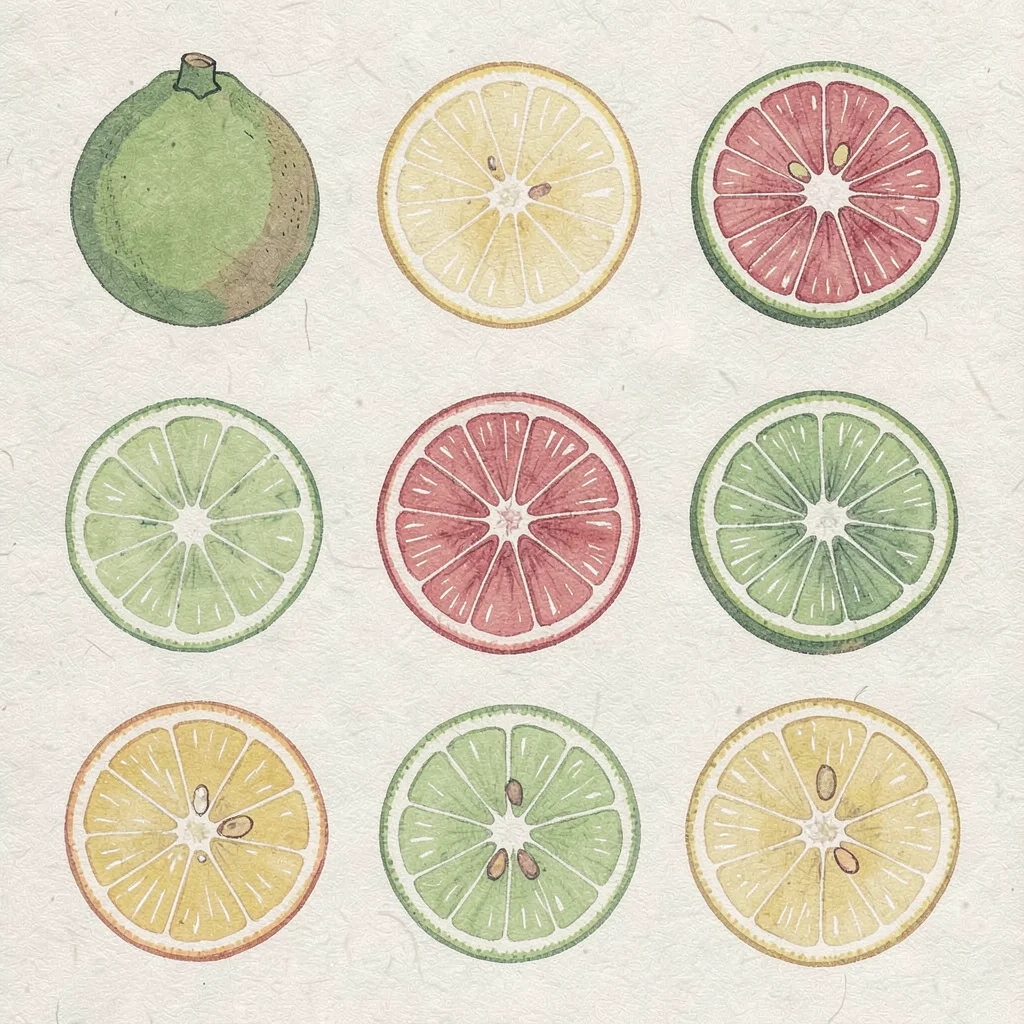 Citrus cross-section slices — yuzu and sudachi — arranged in a grid