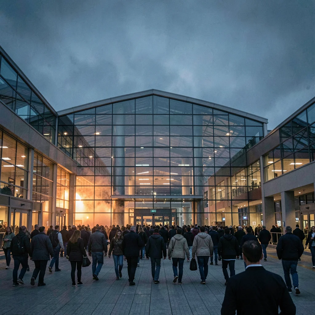 Atmospheric wide of attendees streaming into a glass-fronted convention center a