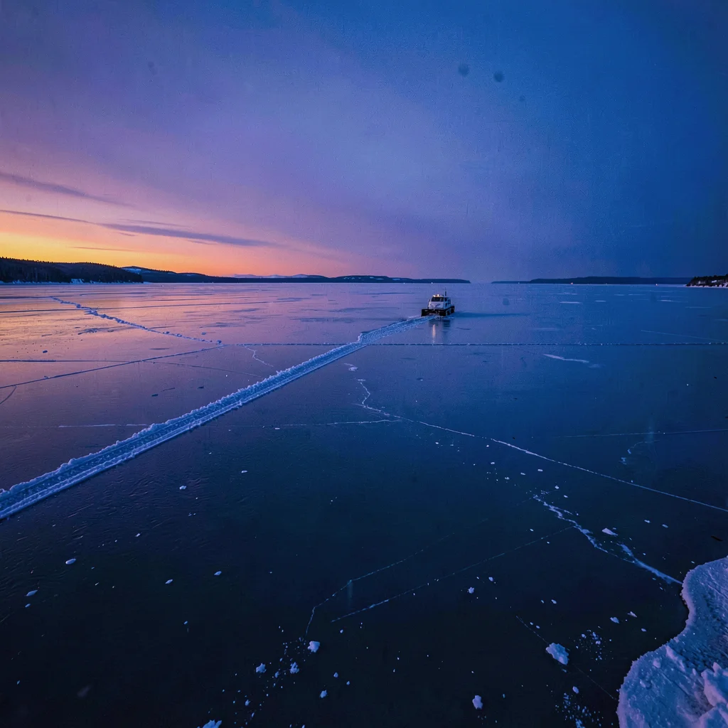 Photograph with Alaskan Arctic sensibility, Frozen river at blue hour, the ice s
