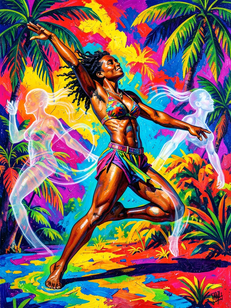 Dance pose frozen mid-motion with RGB channel separation, trailing ghost images