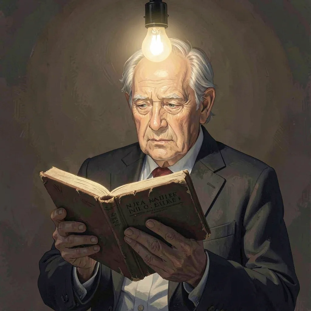 Lamplit portrait of a senior researcher holding a worn paperback monograph, sing