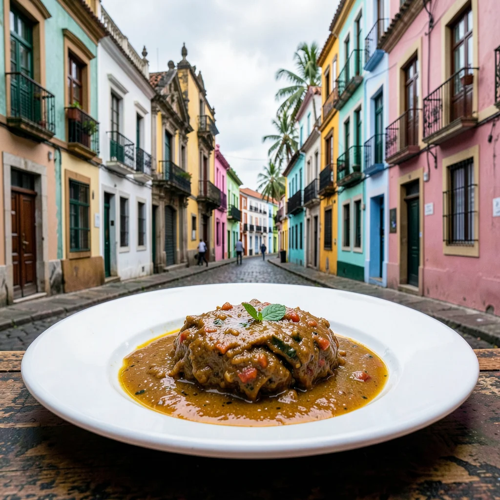 Salvador Pelourinho color, Bahian colonial saturation, A plate of moqueca stew w