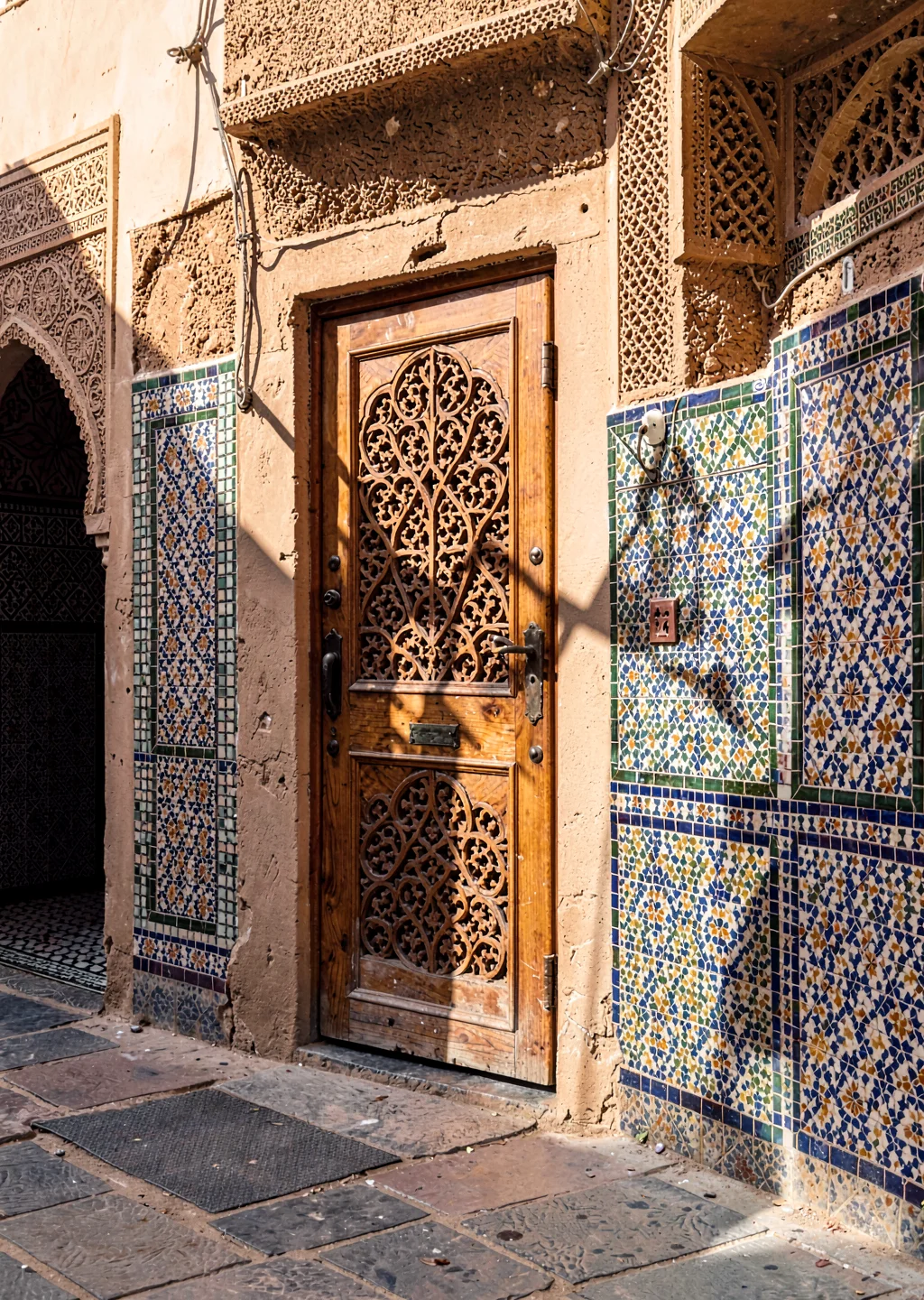 Geometric shadow play in Marrakech medina, carved cedarwood door detail with ara