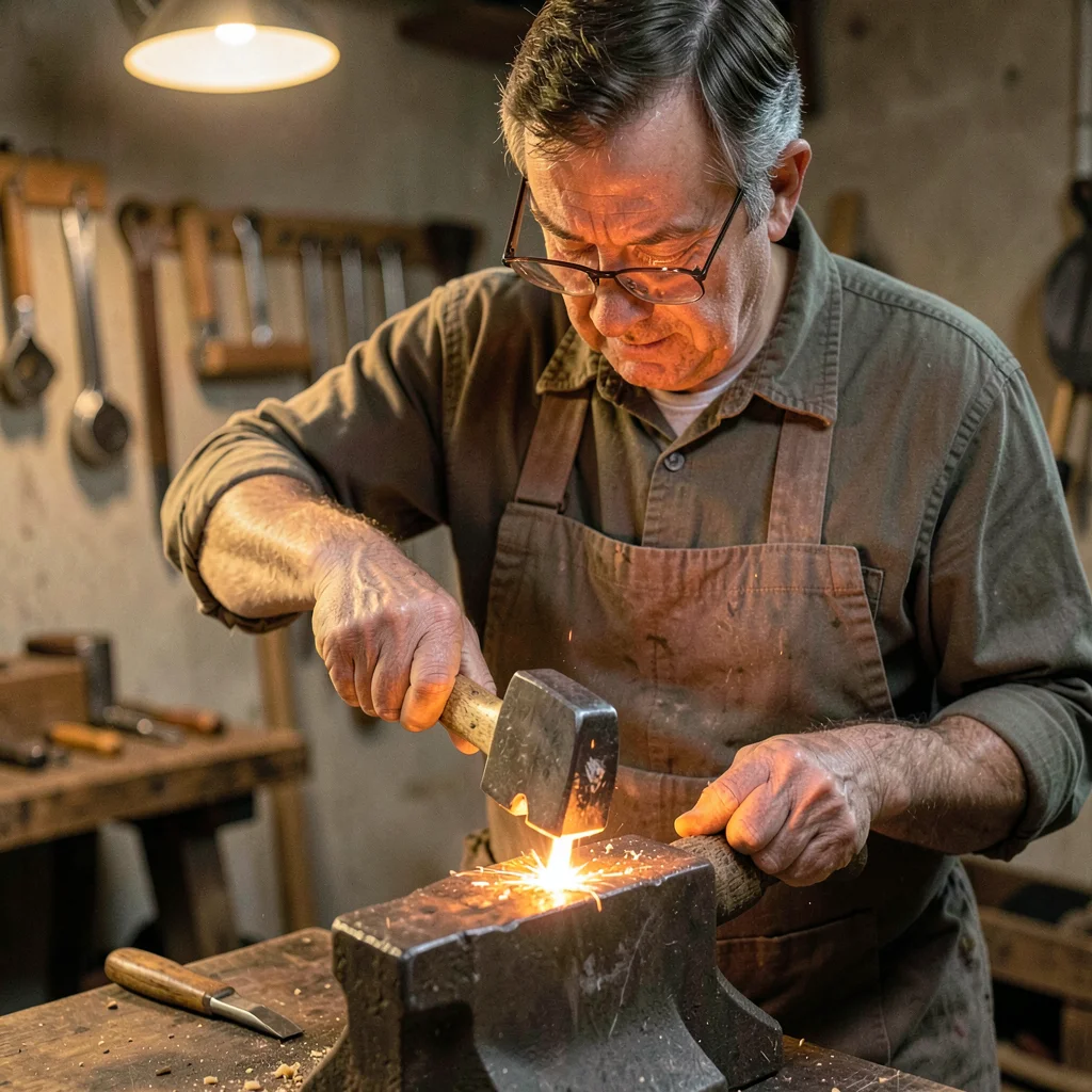 Lamp-lit artisan portrait of a tool maker hammering a glowing trowel head on the